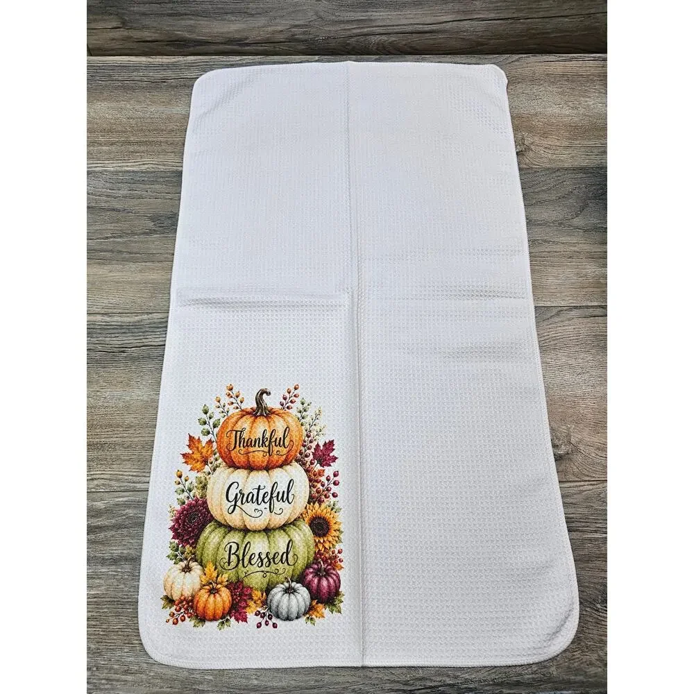 Thankful Grateful Blessed Fall Pumpkin Kitchen Towel Thanksgiving Decor